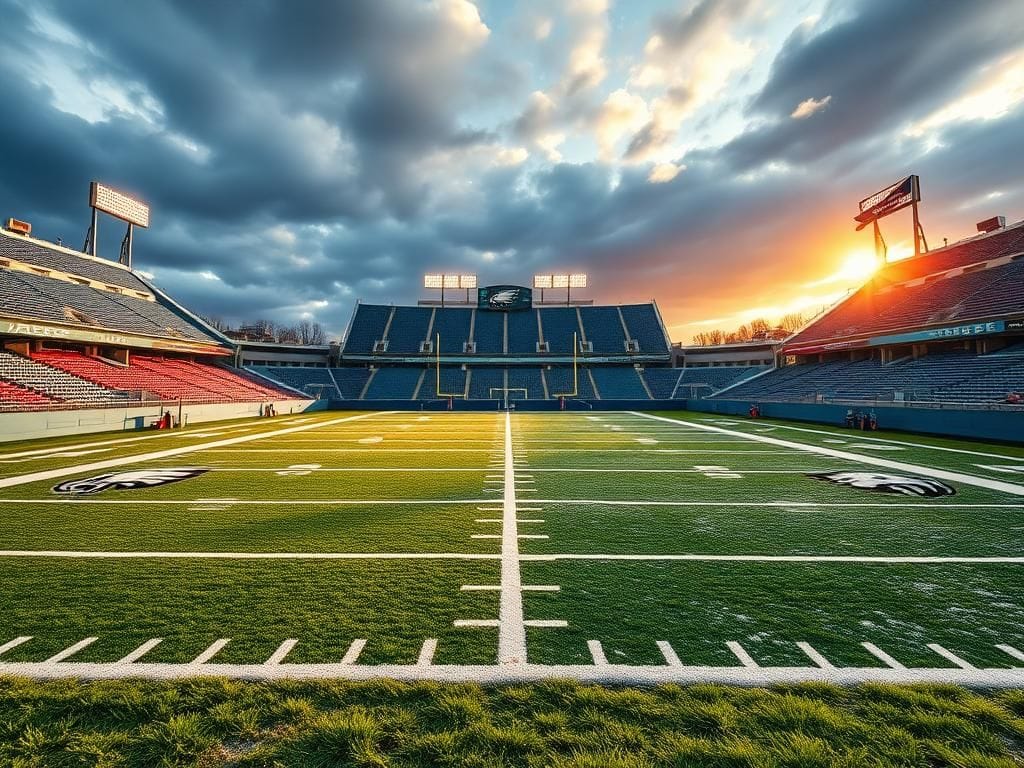 Flick International Aerial view of an NFL football field with team colors of the Philadelphia Eagles and Washington Commanders on a winter afternoon