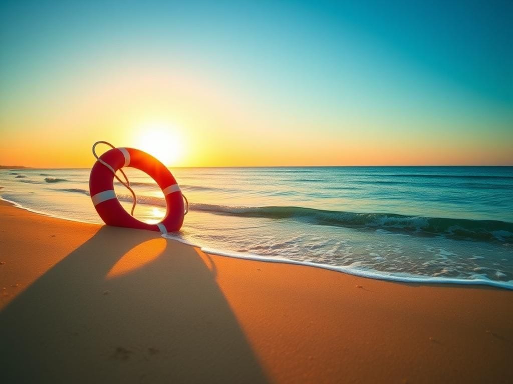 Flick International A serene beach scene at sunset with a lifeguard buoy
