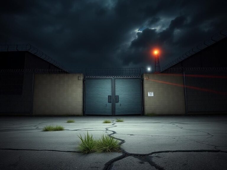 Flick International Exterior of Delany Hall Detention Center with barbed-wire topped walls and a closed gate