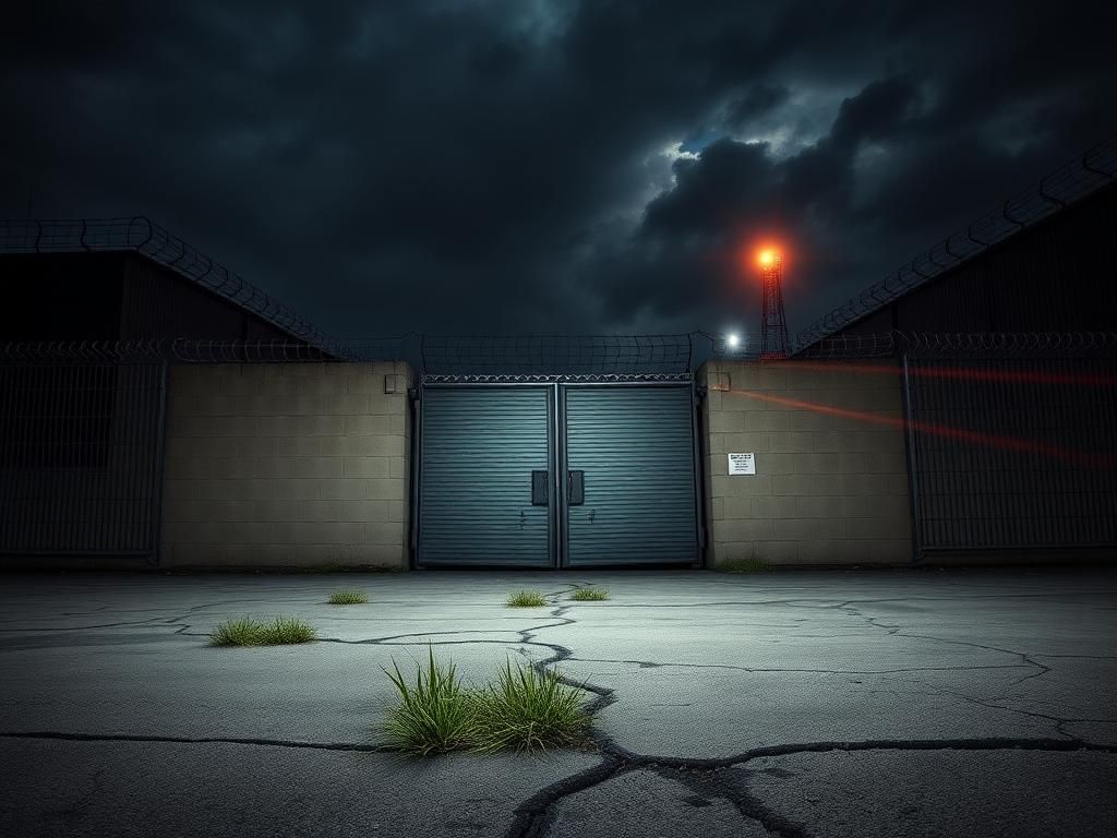 Flick International Exterior of Delany Hall Detention Center with barbed-wire topped walls and a closed gate