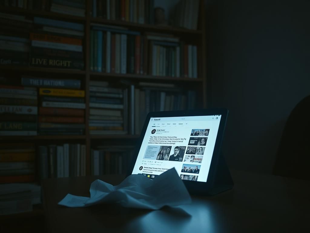 Flick International A dimly lit room with a digital device showing controversial social media posts and a crumpled police notice representing free speech tensions