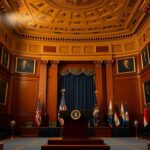 Flick International Grand chamber of the U.S. State Department featuring a podium and American flags