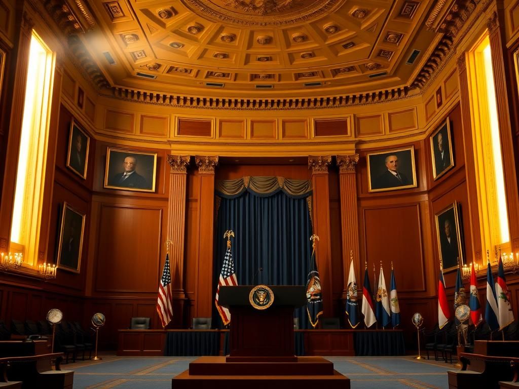 Flick International Grand chamber of the U.S. State Department featuring a podium and American flags