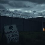 Flick International Exterior view of a federal immigration detention facility at dusk with barbed wire and a somber atmosphere