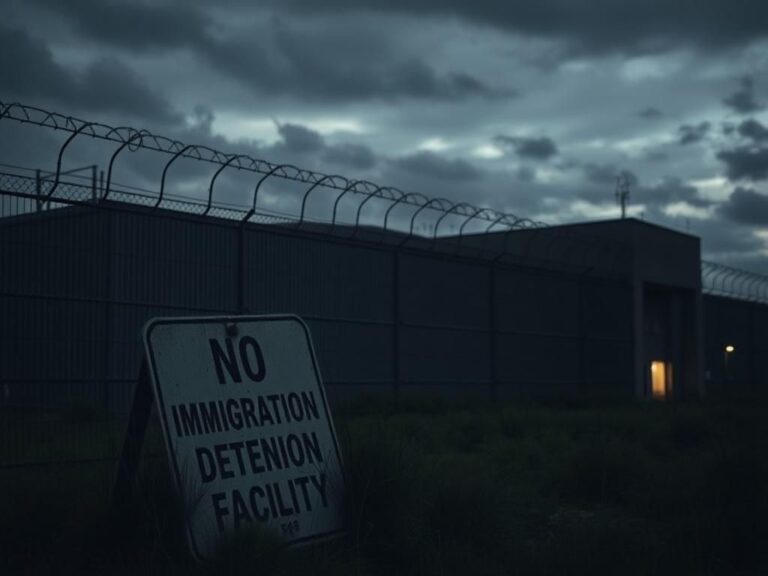 Flick International Exterior view of a federal immigration detention facility at dusk with barbed wire and a somber atmosphere