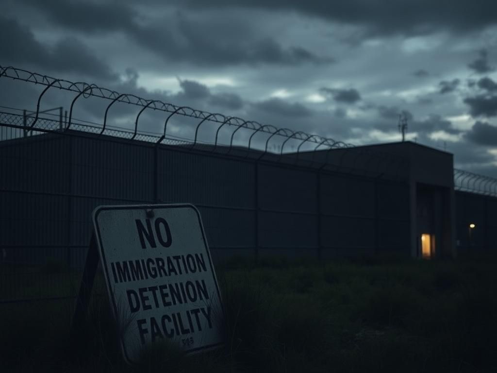 Flick International Exterior view of a federal immigration detention facility at dusk with barbed wire and a somber atmosphere