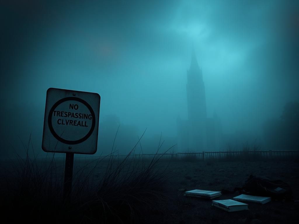Flick International Somber scene outside Florida State University with ominous fog and cracked 'No Trespassing' sign.