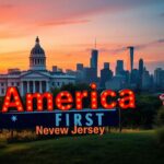 Flick International Vibrant political landscape scene of New Jersey with iconic state elements and a prominent 'America First' sign