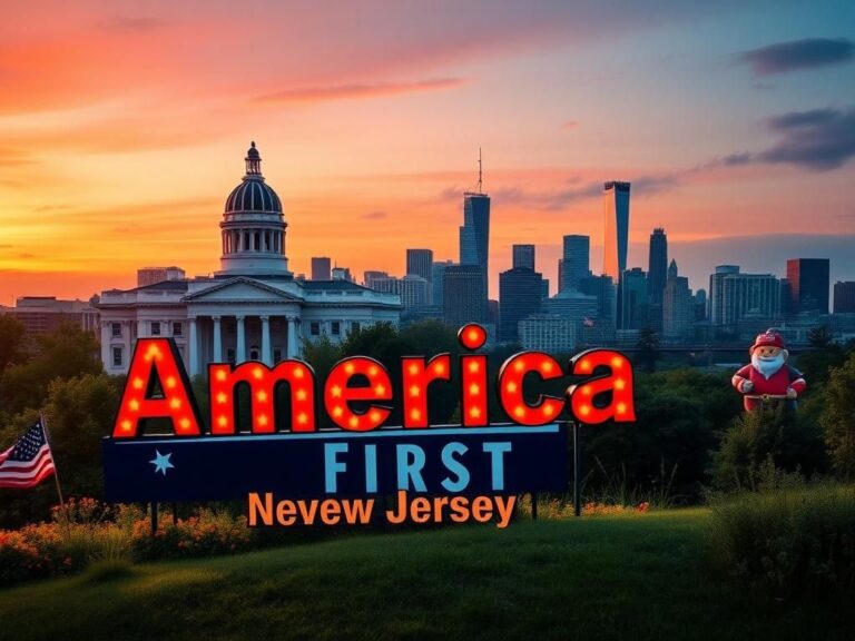 Flick International Vibrant political landscape scene of New Jersey with iconic state elements and a prominent 'America First' sign