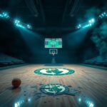 Flick International A dramatic basketball court with a Boston Celtics logo and shattered backboard, symbolizing tension and loss.