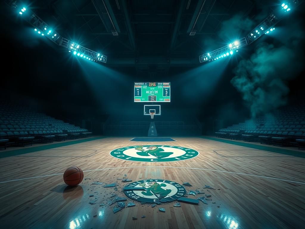 Flick International A dramatic basketball court with a Boston Celtics logo and shattered backboard, symbolizing tension and loss.