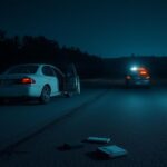 Flick International Nighttime landscape of a rural Tennessee highway illuminated by patrol car lights with a stopped white sedan and scattered belongings.
