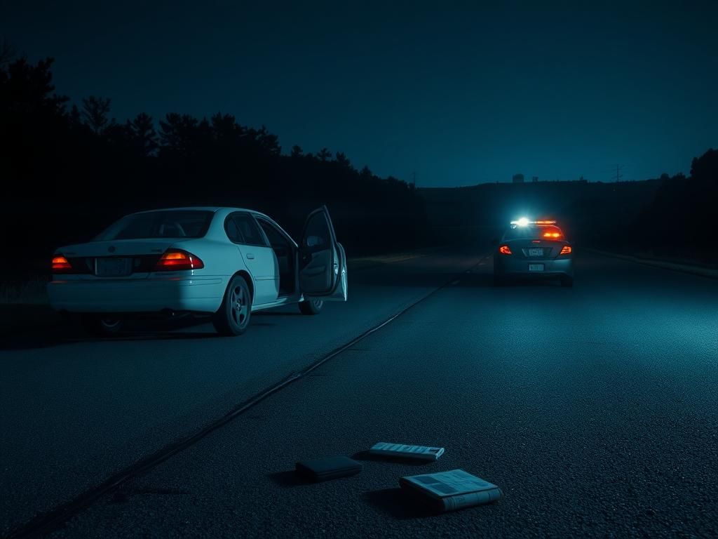 Flick International Nighttime landscape of a rural Tennessee highway illuminated by patrol car lights with a stopped white sedan and scattered belongings.
