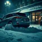 Flick International Dimly lit street in Boston with a parked Lexus SUV during a heavy snowstorm