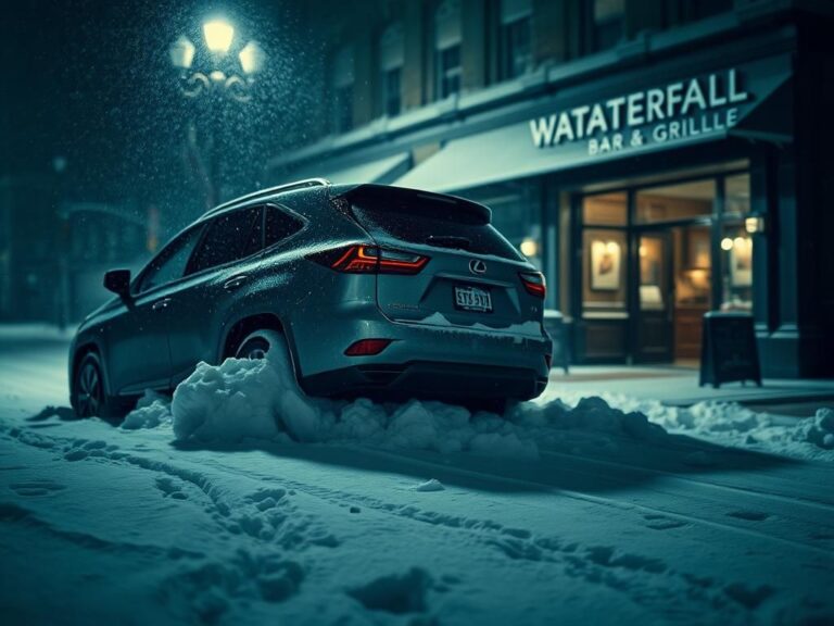 Flick International Dimly lit street in Boston with a parked Lexus SUV during a heavy snowstorm