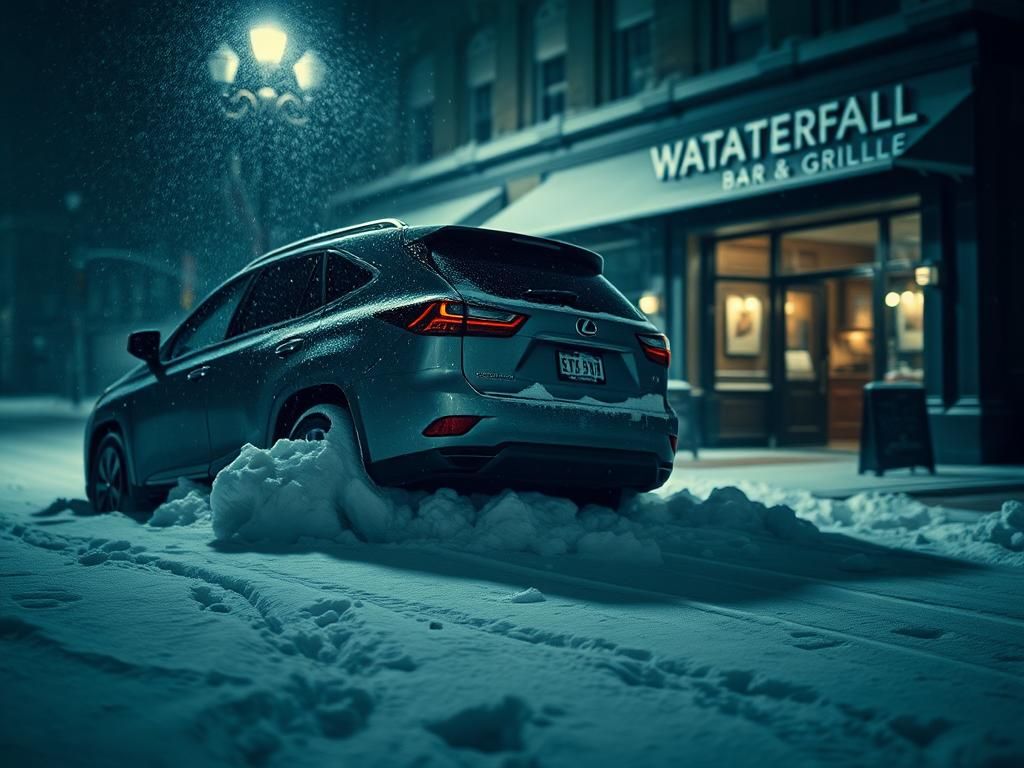 Flick International Dimly lit street in Boston with a parked Lexus SUV during a heavy snowstorm