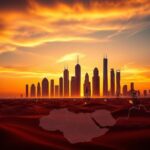 Flick International Dramatic sunset over a Persian Gulf city skyline with silhouettes of oil rigs
