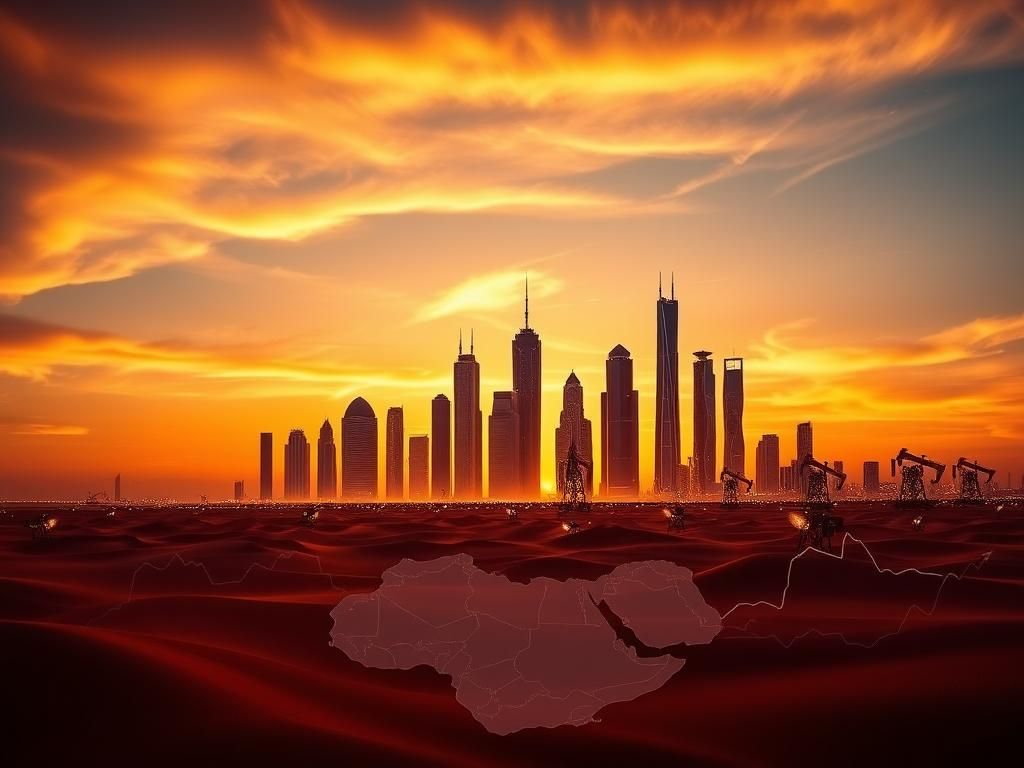 Flick International Dramatic sunset over a Persian Gulf city skyline with silhouettes of oil rigs