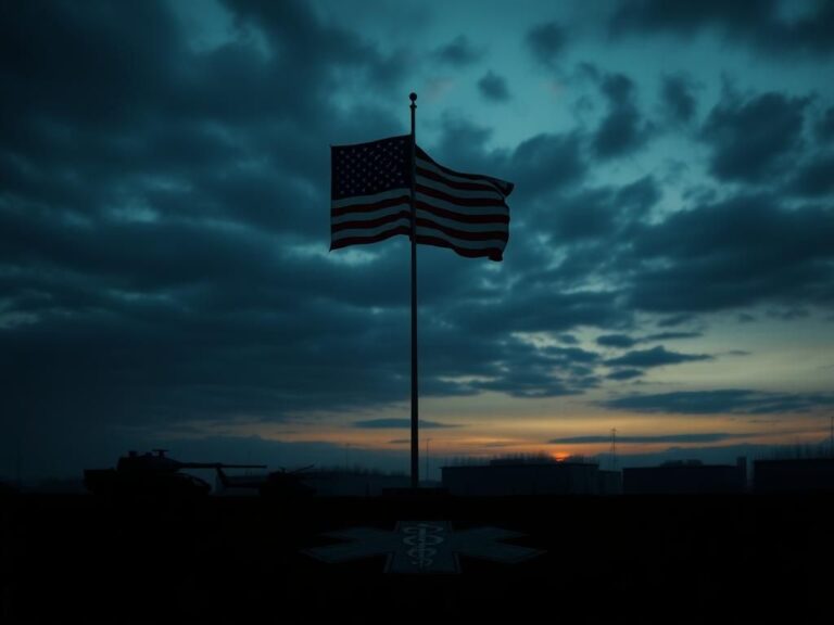 Flick International A U.S. military base at dusk with a large flag half-mast and military equipment in the foreground.
