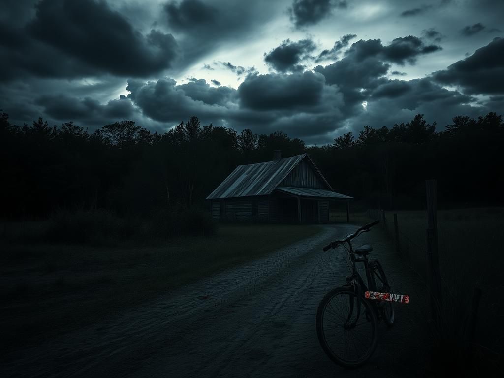 Flick International Dramatic rural American landscape at dusk with a weathered farmhouse