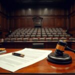 Flick International A courtroom scene depicting empty jury seats in a high-profile trial