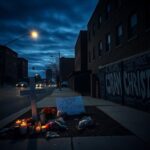 Flick International Somber cityscape of Chicago at dusk with a roadside memorial for Christian Caldwell
