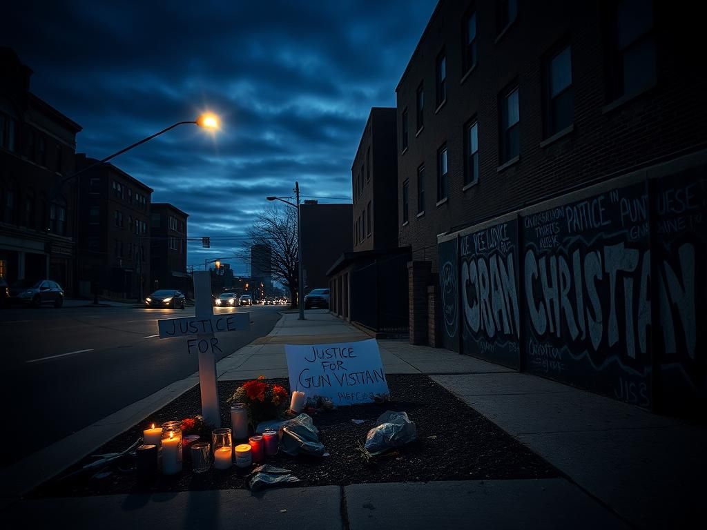 Flick International Somber cityscape of Chicago at dusk with a roadside memorial for Christian Caldwell
