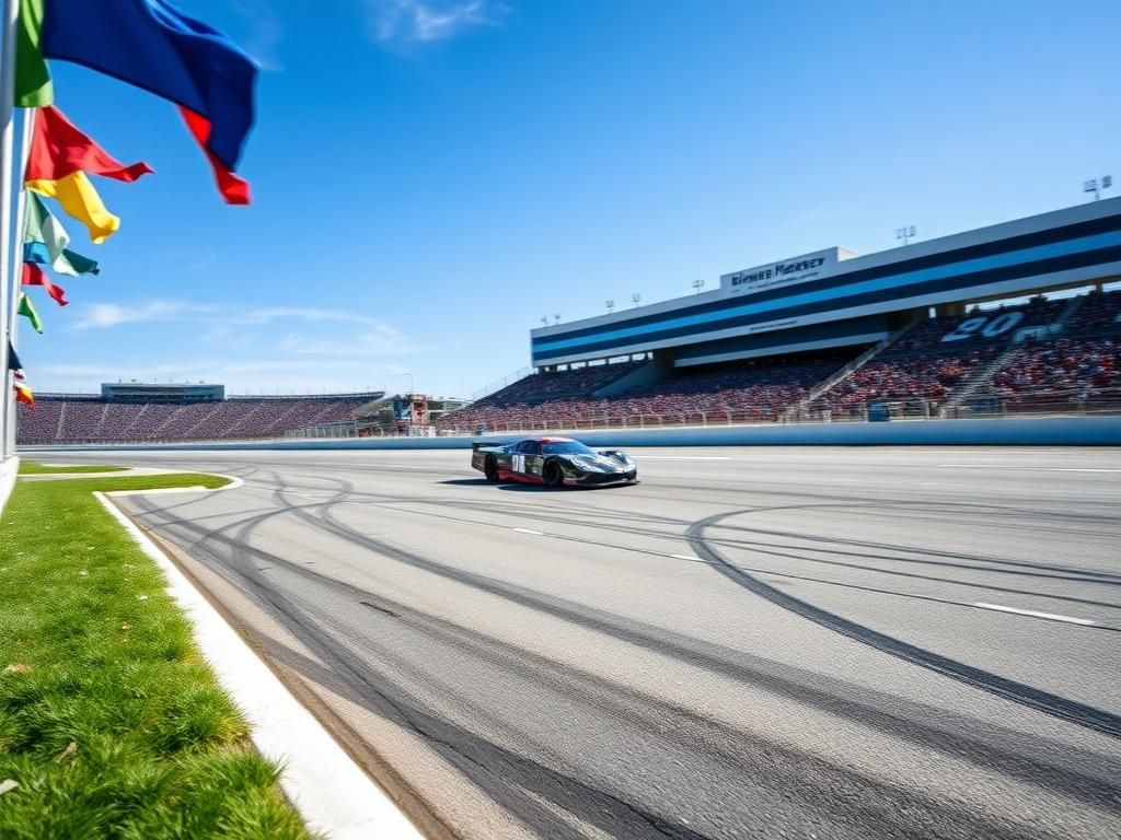 Flick International Race car navigating the Indianapolis Motor Speedway oval track with racing flags in the foreground