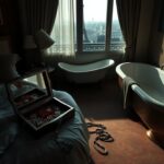 Flick International Dimly lit hotel room with luxurious decor, showing signs of struggle and disarray