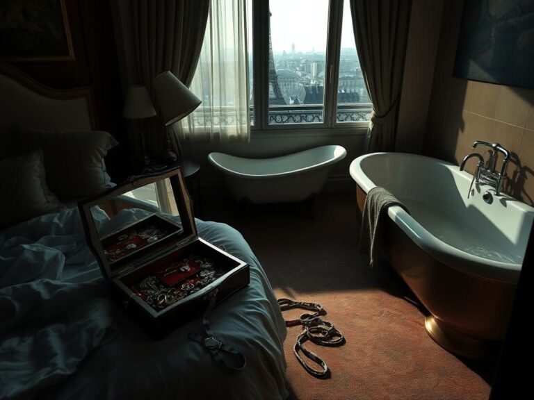 Flick International Dimly lit hotel room with luxurious decor, showing signs of struggle and disarray