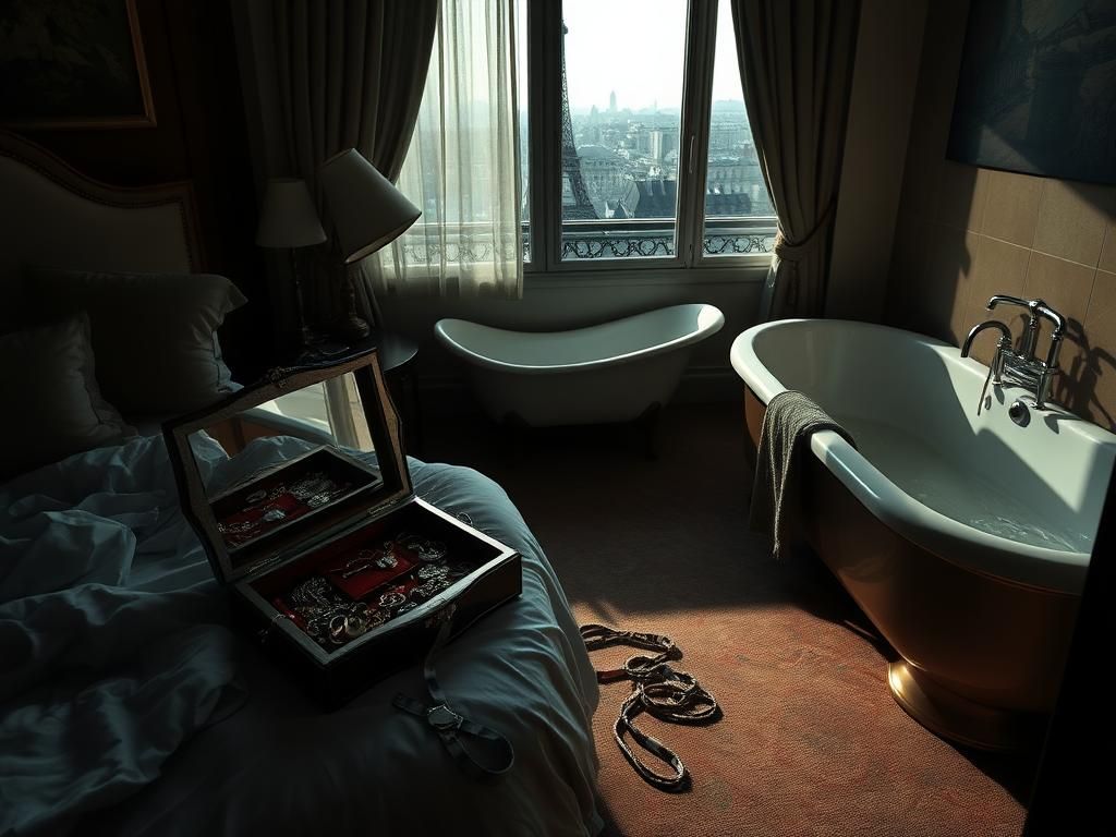 Flick International Dimly lit hotel room with luxurious decor, showing signs of struggle and disarray