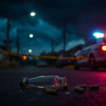 Flick International Dimly lit street in Memphis following a violent incident, showing caution tape and evidence on the ground