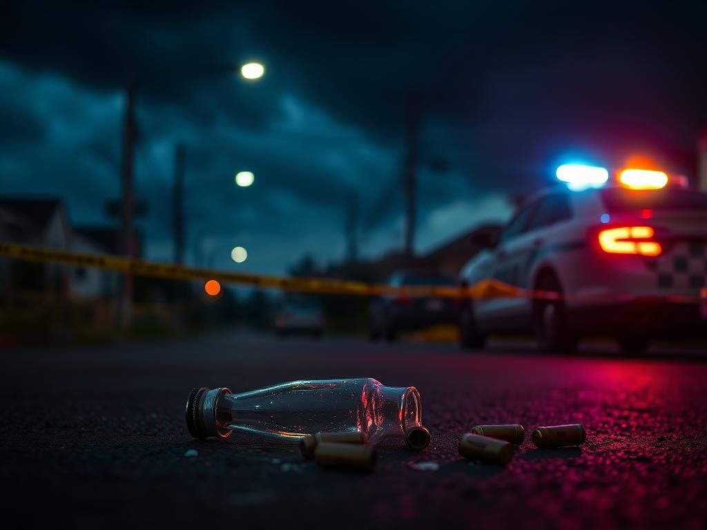 Flick International Dimly lit street in Memphis following a violent incident, showing caution tape and evidence on the ground