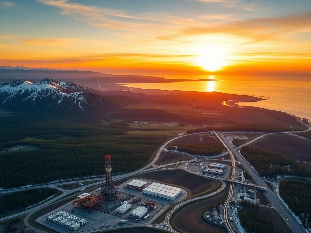 Flick International Aerial view of Alaskan landscape with drilling rig and pipelines at sunrise