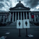 Flick International Exterior view of the Colorado State Capitol on a cloudy day with empty women's restroom sign