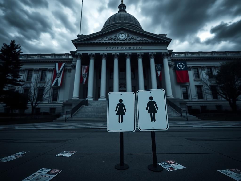 Flick International Exterior view of the Colorado State Capitol on a cloudy day with empty women's restroom sign
