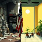 Flick International A split scene contrasting a cluttered office with worn political books and a bright, open space with modern symbols of progress.