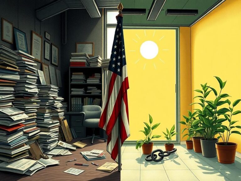 Flick International A split scene contrasting a cluttered office with worn political books and a bright, open space with modern symbols of progress.