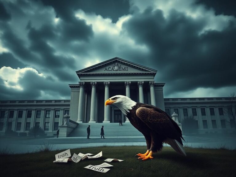 Flick International A grand university building under a stormy sky with an eagle representing freedom in the foreground.