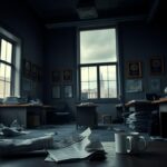 Flick International Dimly lit newsroom with empty desks and scattered newspapers emphasizing low morale