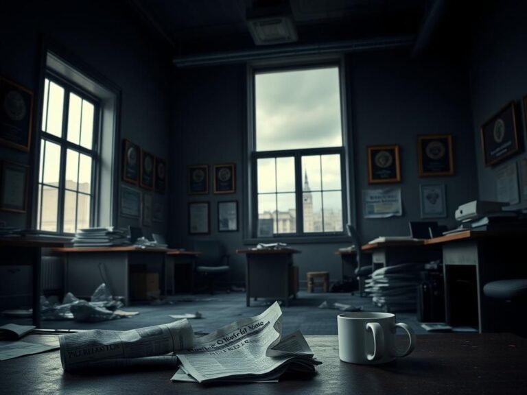 Flick International Dimly lit newsroom with empty desks and scattered newspapers emphasizing low morale