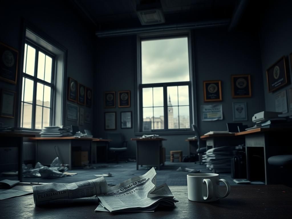 Flick International Dimly lit newsroom with empty desks and scattered newspapers emphasizing low morale