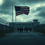 Flick International A fortified immigration detention center surrounded by barbed wire and tall fences, with a faded American flag at half-mast.