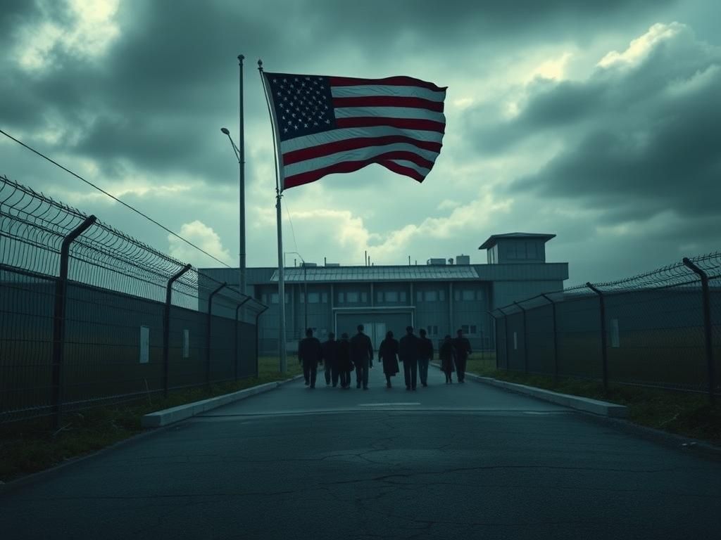 Flick International A fortified immigration detention center surrounded by barbed wire and tall fences, with a faded American flag at half-mast.