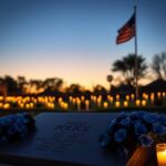 Flick International A serene police memorial at dusk, featuring candlelight and flowers