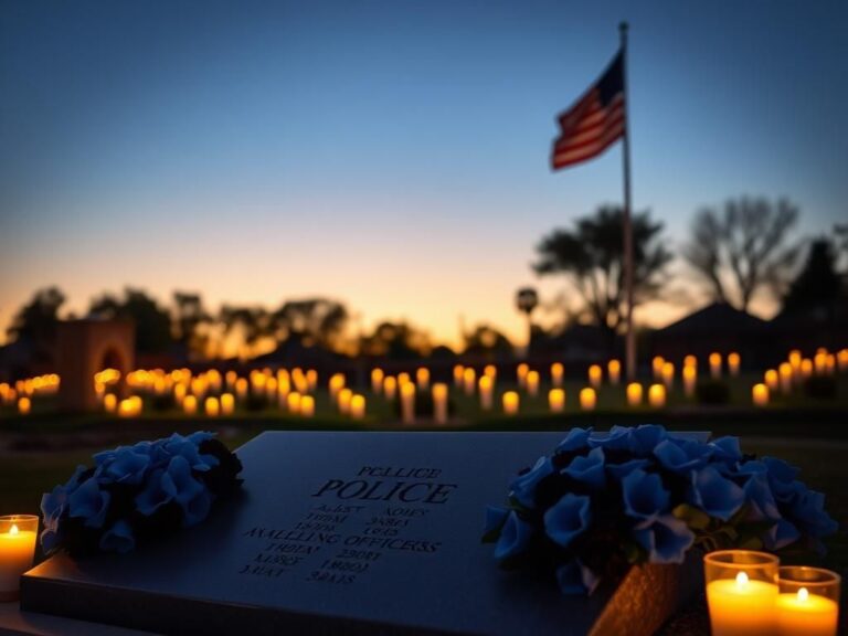 Flick International A serene police memorial at dusk, featuring candlelight and flowers