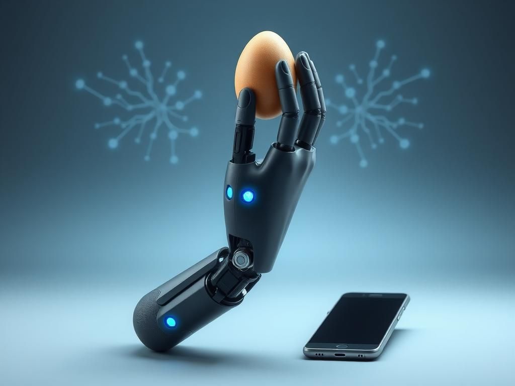 Flick International Bionic hand delicately gripping everyday objects like a fragile egg, showcasing advanced touch sensitivity.
