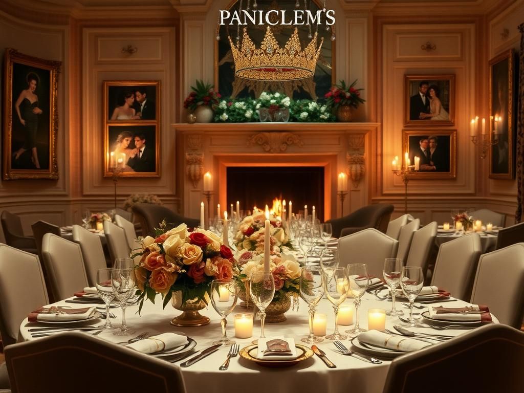 Flick International Elegant dining room setting inspired by the opulence of the 1990s, featuring lush floral centerpieces and candlelight.