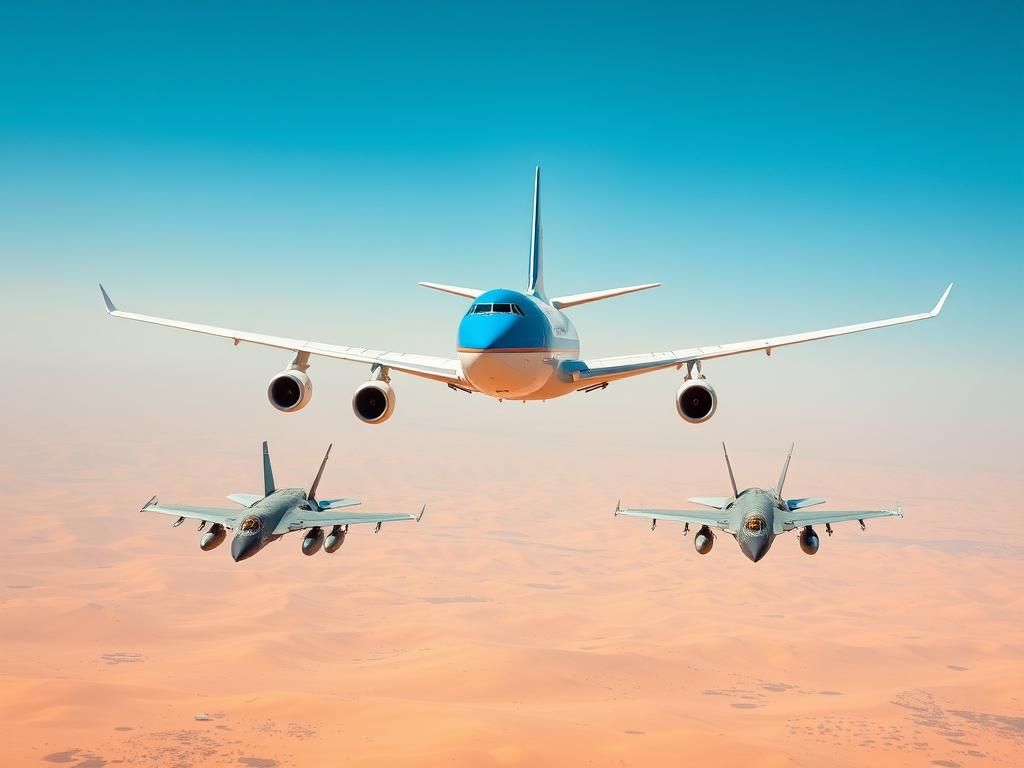Flick International F-15 fighter jets escorting Air Force One over the Saudi desert landscape