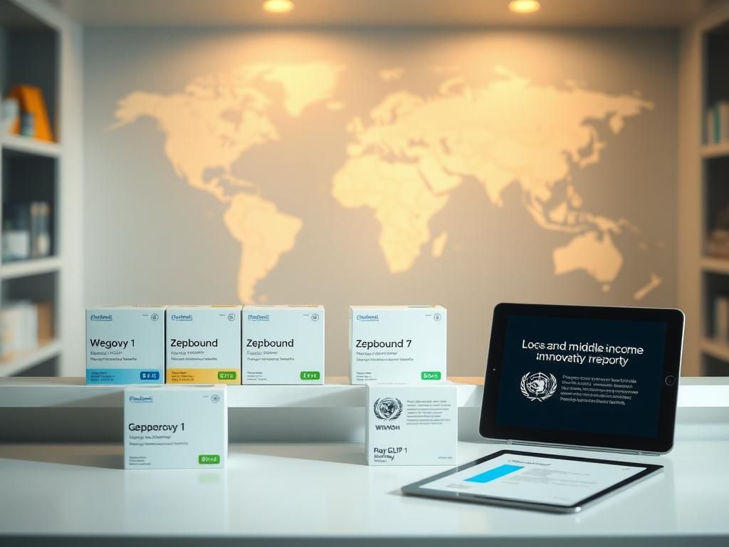 Flick International A serene pharmacy shelf displaying GLP-1 weight-loss drug boxes like Wegovy and Zepbound in soft pastel colors.
